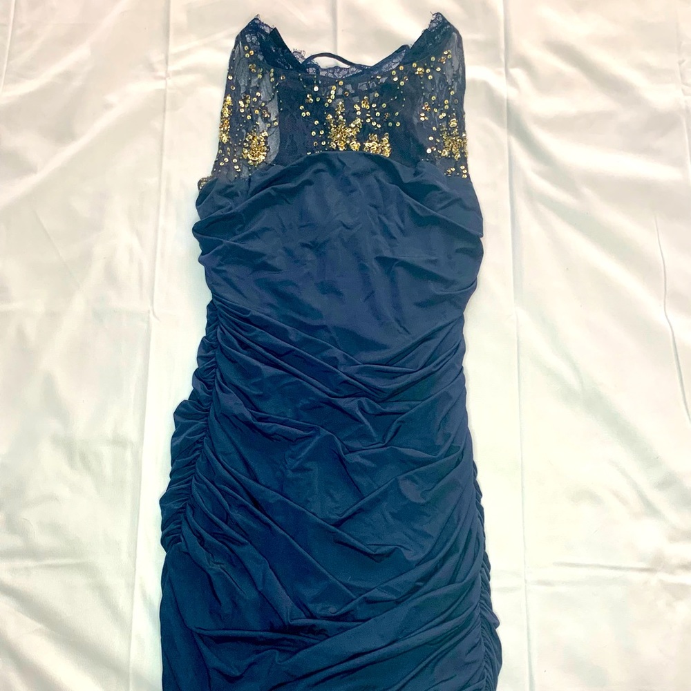 Sexy ANGL dark blue ruched formal dress small